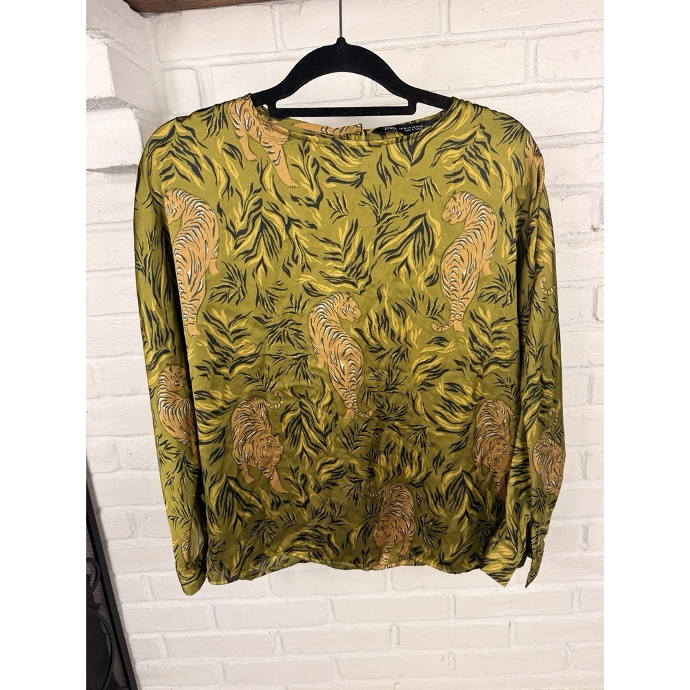 ZARA Tiger Print Blouse XS Olive Green Satin Long Sleeve Jungle Animal Top